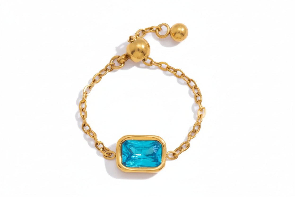 18K Verguld Kleurrijk Kristal Verstelbare Kettingring | Waterdichte Fijn Gouden Kettingring | 6 Stijlen — Blauw, Lavendel, Roze, Vlinder & Multi-Stone