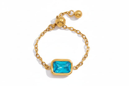 18K Verguld Kleurrijk Kristal Verstelbare Kettingring | Waterdichte Fijn Gouden Kettingring | 6 Stijlen — Blauw, Lavendel, Roze, Vlinder & Multi-Stone