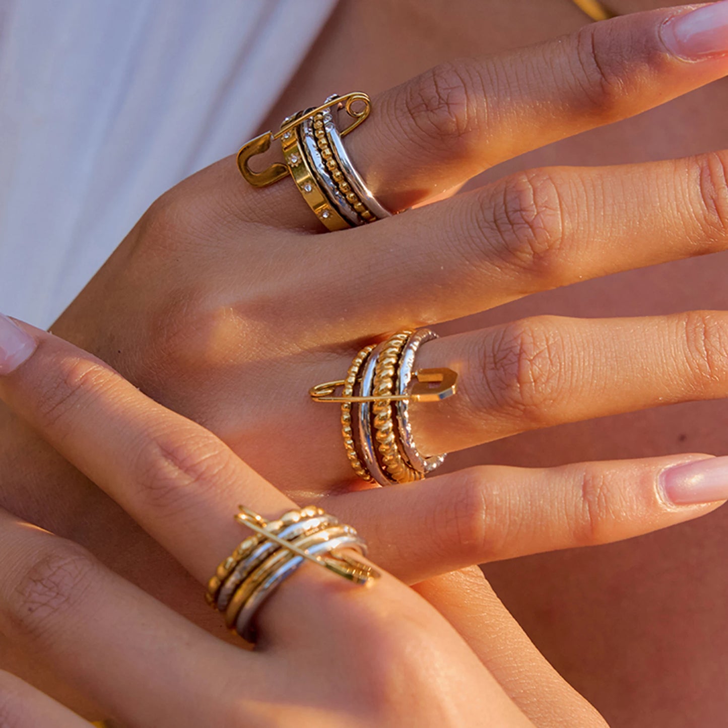 Edgy Safety Pin Stackable Ring Set | Mixed Metal Gold & Silver Tone Stainless Steel