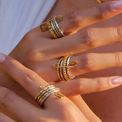 Edgy Safety Pin Stackable Ring Set | Mixed Metal Gold & Silver Tone Stainless Steel