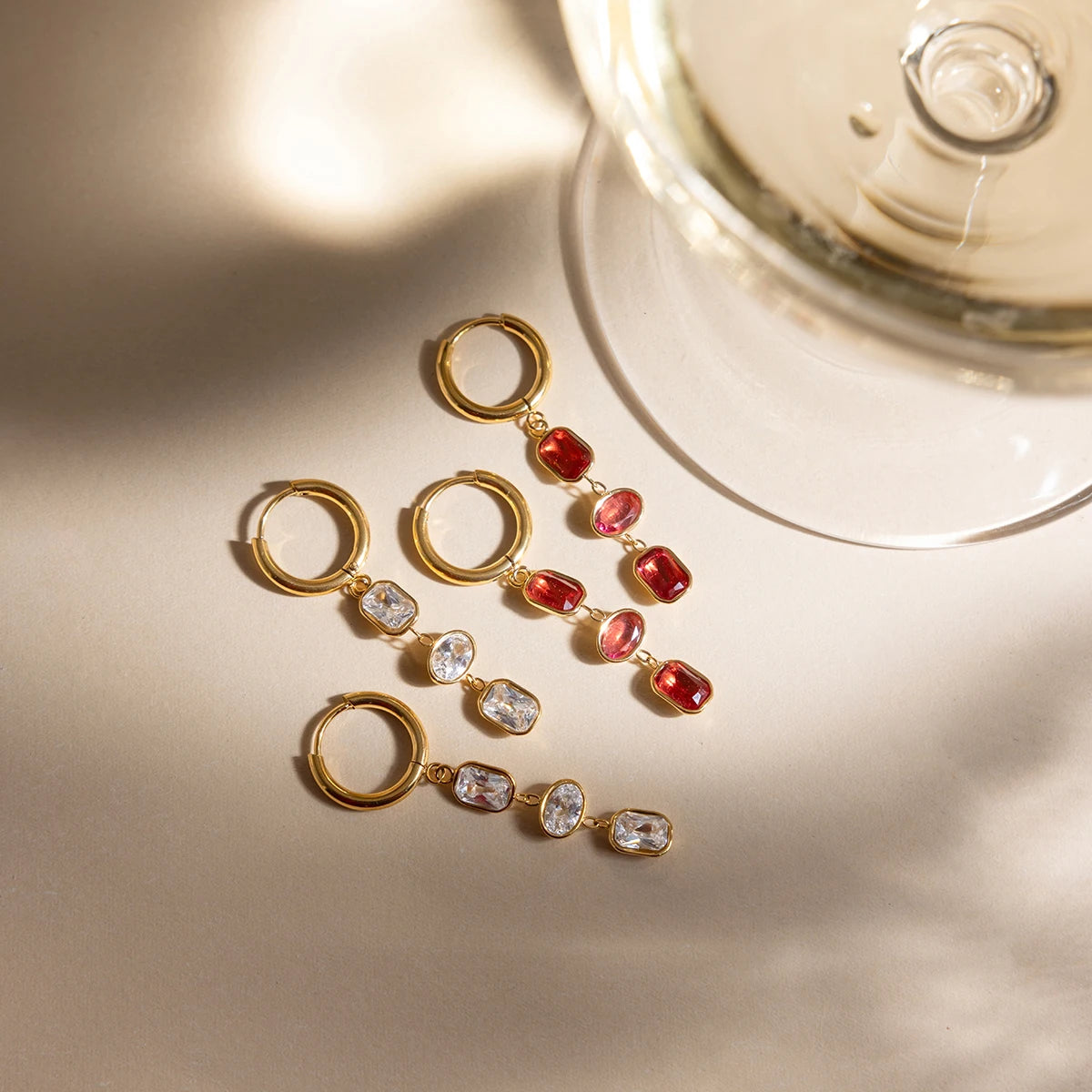 18K Gold Plated Triple White & Red Crystal Drop Earrings | Waterproof Bezel Set CZ Dangle Huggie Hoop Earrings | Diamond Style Drop Earrings