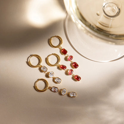 18K Gold Plated Triple White & Red Crystal Drop Earrings | Waterproof Bezel Set CZ Dangle Huggie Hoop Earrings | Diamond Style Drop Earrings
