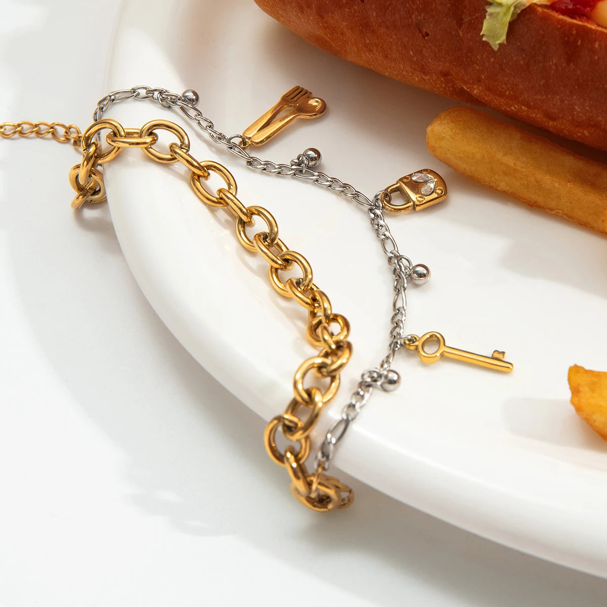 Gold Plated Chunky Charm Chain Bracelet for Women | Waterproof & Tarnish-Free Two-Tone Jewelry