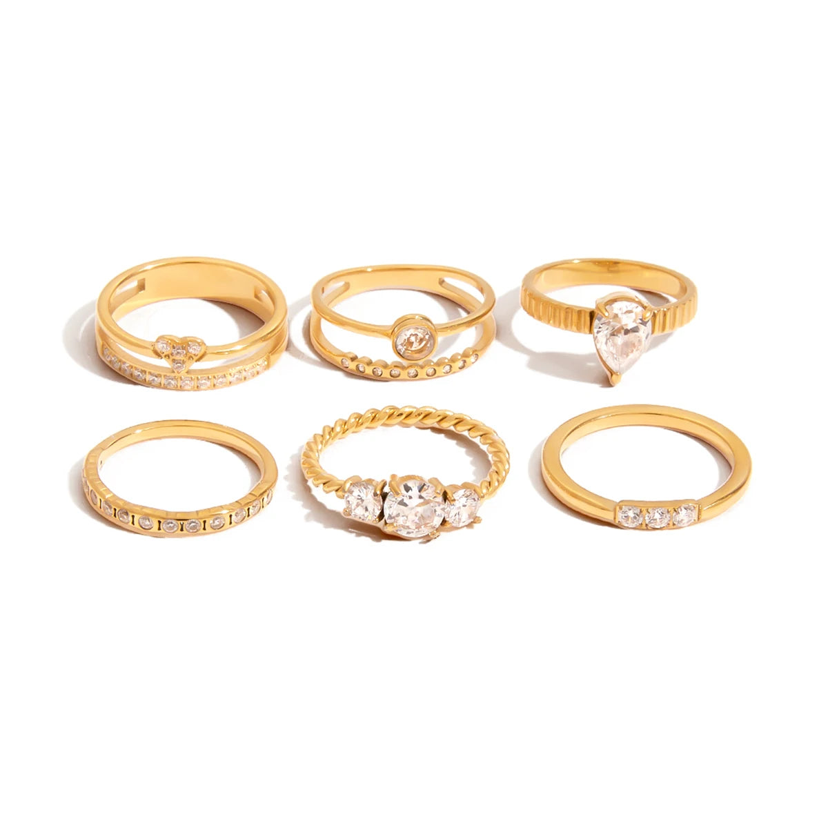 18K Gold Plated Crystal Ring Set of 6 | Waterproof Stackable Ring Stack | CZ Diamond Style Gold Ring Collection