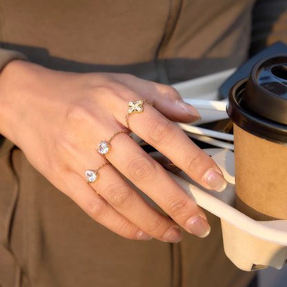18K Gold Plated Adjustable Chain Ring with CZ Stone | Waterproof Dainty Gold Chain Ring | 6 Styles — Round, Heart, Square, Oval, Teardrop & Flower