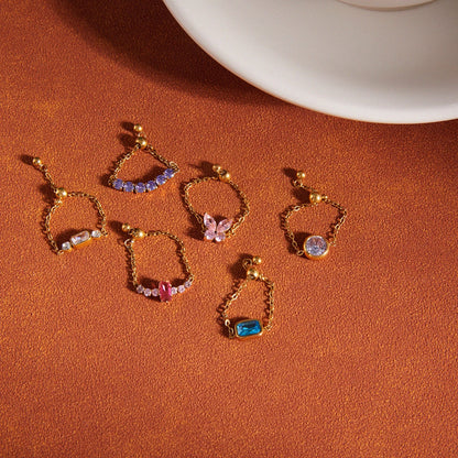 18K Verguld Kleurrijk Kristal Verstelbare Kettingring | Waterdichte Fijn Gouden Kettingring | 6 Stijlen — Blauw, Lavendel, Roze, Vlinder & Multi-Stone