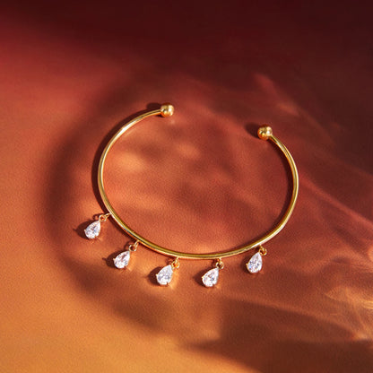 18K Gold Plated Open Cuff Bangle with Pear Cut CZ Drop Charms | Waterproof Five Stone Teardrop Charm Bangle | Diamond Style Bridal Cuff Bracelet