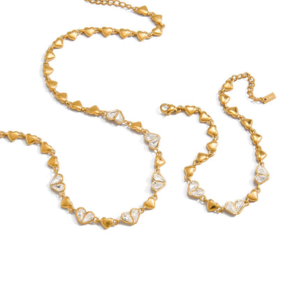 18K Gold Plated Heart Chain Necklace & Bracelet Set | Waterproof CZ Crystal Heart Link Jewellery Set | Matching Dainty Gold Heart Set