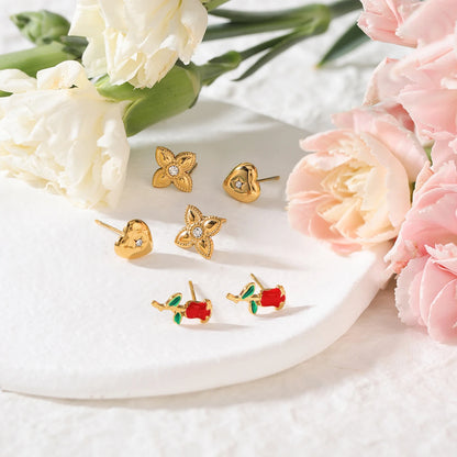 Gold Plated Stud Earrings Set for Women – Waterproof Tarnish Free Stainless Steel Floral, Heart & Rose Design Jewellery (3 Pairs)