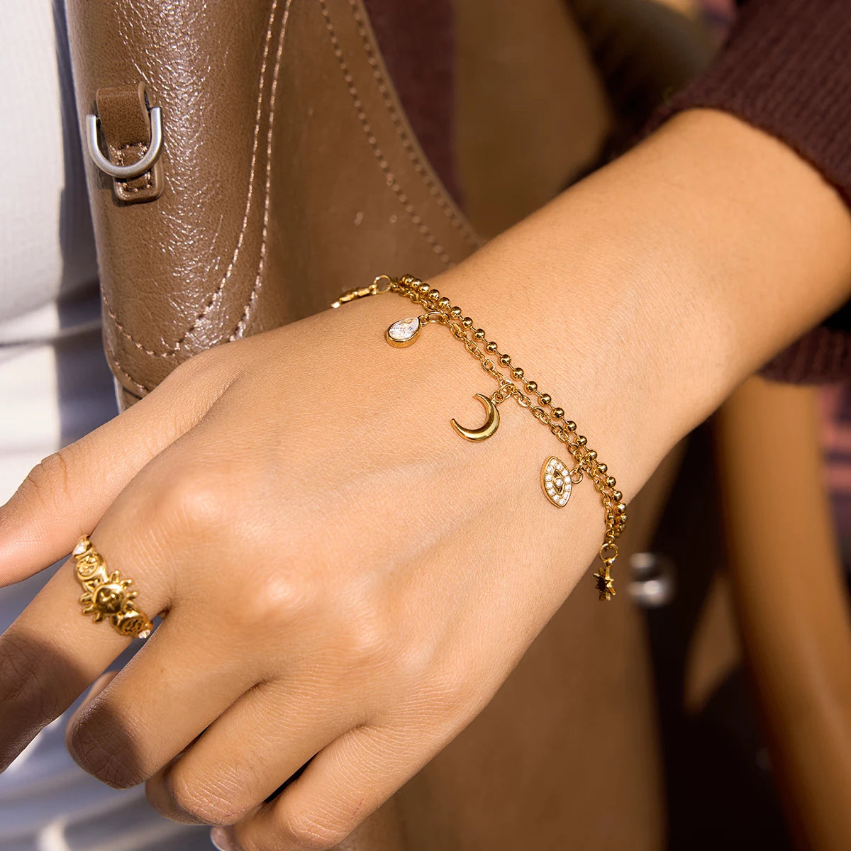 18K Gold Plated Celestial Charm Bracelet | Waterproof Double Layer Sun Moon Star & Evil Eye Bracelet | Boho Gold Charm Bracelet