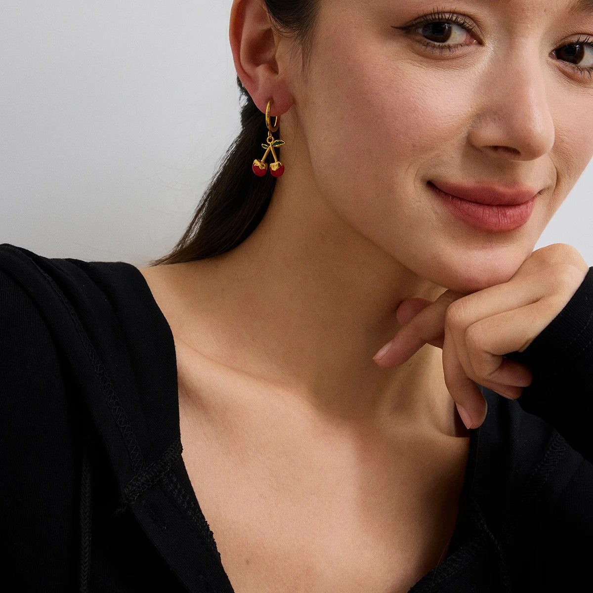 18K Gold Plated Cherry Hoop Earrings for Women – Waterproof Tarnish Free Stainless Steel Fruit Charm Jewellery