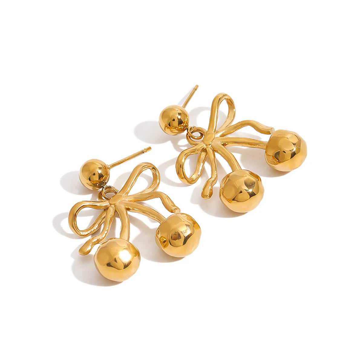 18K Gold Plated Bow Cherry Drop Earrings – Waterproof Tarnish-Free Statement Jewelry for Women