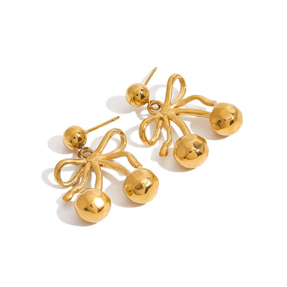 18K Gold Plated Bow Cherry Drop Earrings – Waterproof Tarnish-Free Statement Jewelry for Women