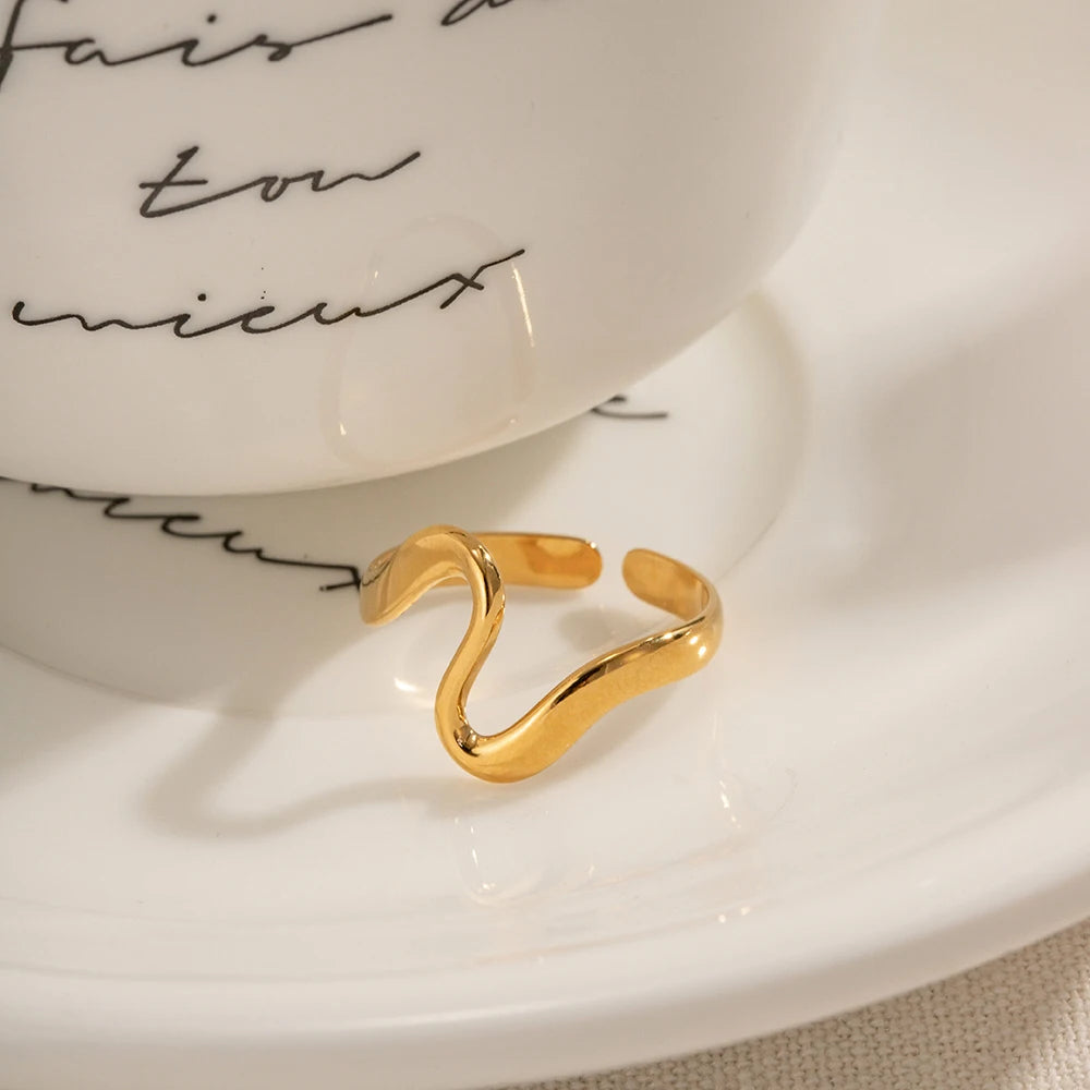 Chunky Wavy Contour Ring | 18K Gold Plated Molten Adjustable Band | Organic Waterproof Stainless Steel Statement Jewelry