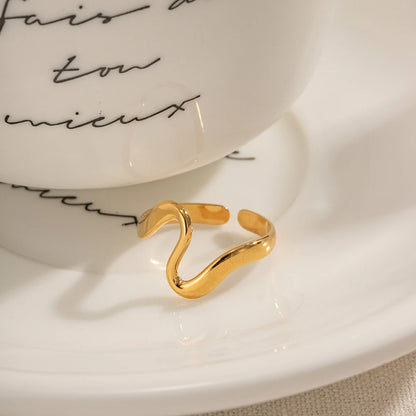 Chunky Wavy Contour Ring | 18K Gold Plated Molten Adjustable Band | Organic Waterproof Stainless Steel Statement Jewelry