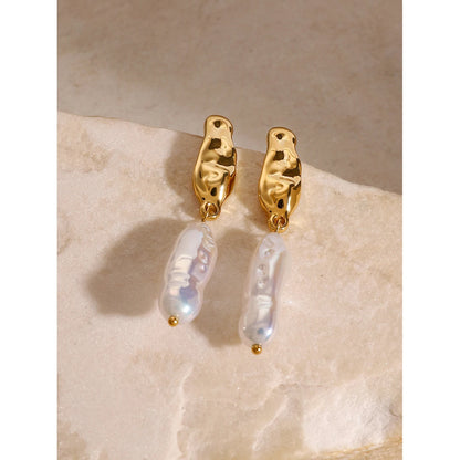 18K Gold Plated Hammered Pearl Drop Earrings for Women – Waterproof Tarnish Free Statement Jewellery