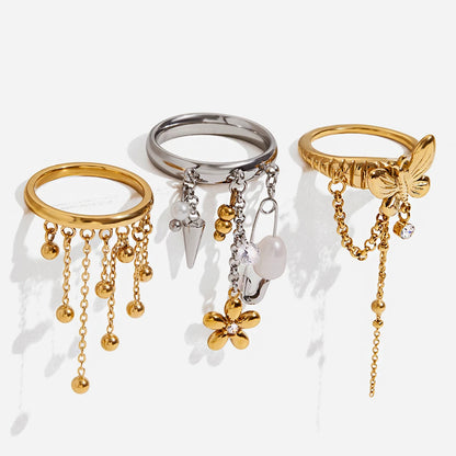 Chic & Trendy Dangle Charm Ring Set - Stackable Gold and Silver Stainless Steel