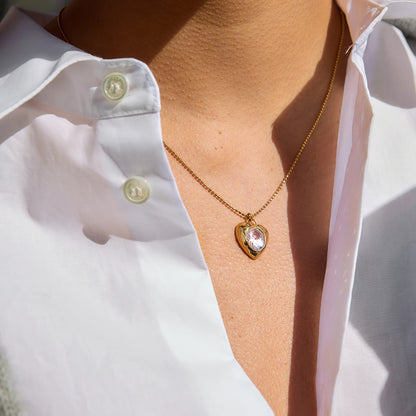 18K vergulde Puffy Heart CZ Hanger Ketting | Waterdichte Ovale Kristallen Hart bedel Ketting met balletjes | Subtiele Romantische Gouden Ketting