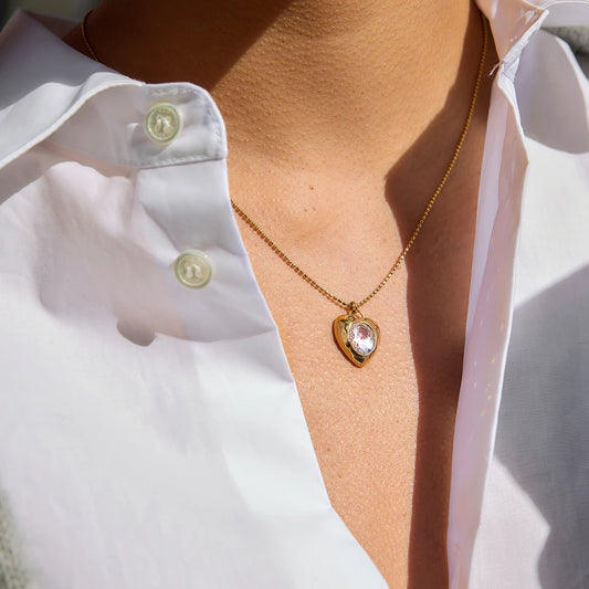 18K vergulde Puffy Heart CZ Hanger Ketting | Waterdichte Ovale Kristallen Hart bedel Ketting met balletjes | Subtiele Romantische Gouden Ketting
