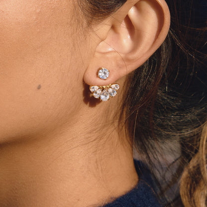 18K Vergulde CZ Ear Jacket Oorbellen | Waterdichte Ronde Stud met Peergeslepen Waaier Drop Jacket | Diamant Stijl Bruidsoorbellen