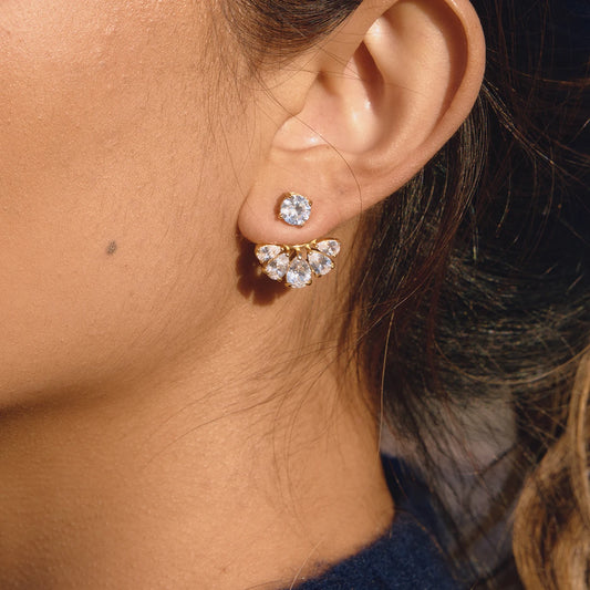 18K Vergulde CZ Ear Jacket Oorbellen | Waterdichte Ronde Stud met Peergeslepen Waaier Drop Jacket | Diamant Stijl Bruidsoorbellen
