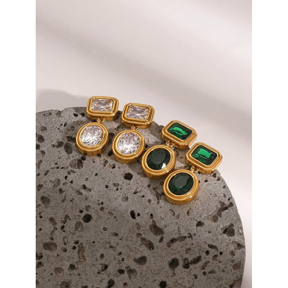 18K Gold Plated Geometric Drop Earrings for Women – Waterproof Tarnish Free Stainless Steel (Green or Clear Stone)