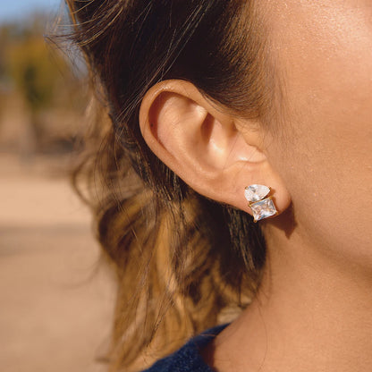 18K Gold Plated Double Stone CZ Stud Earrings | Waterproof Pear & Princess Cut Crystal Earrings | Diamond Style Toi et Moi Stud Earrings