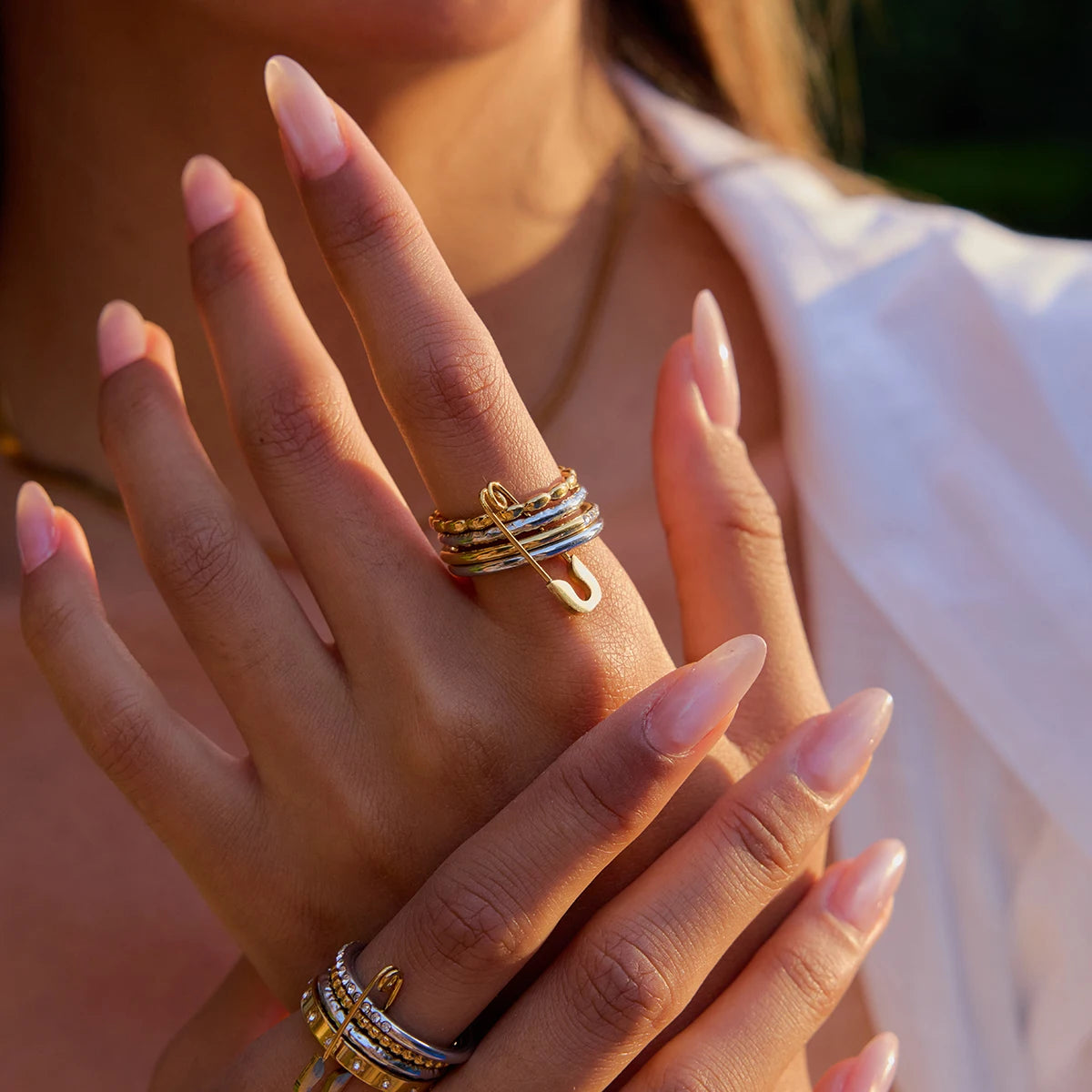 Edgy Safety Pin Stackable Ring Set | Mixed Metal Gold & Silver Tone Stainless Steel