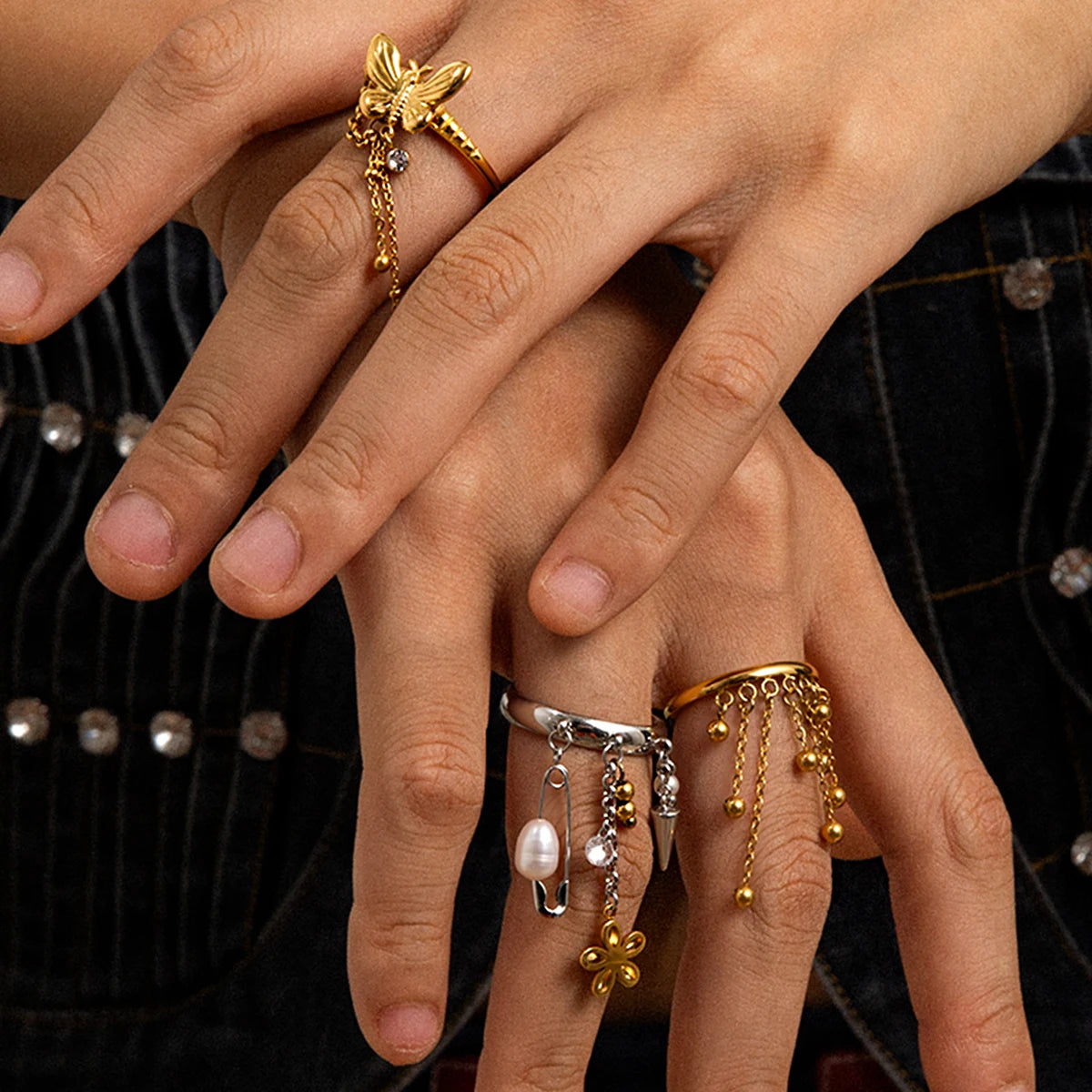 Chic & Trendy Dangle Charm Ring Set - Stackable Gold and Silver Stainless Steel