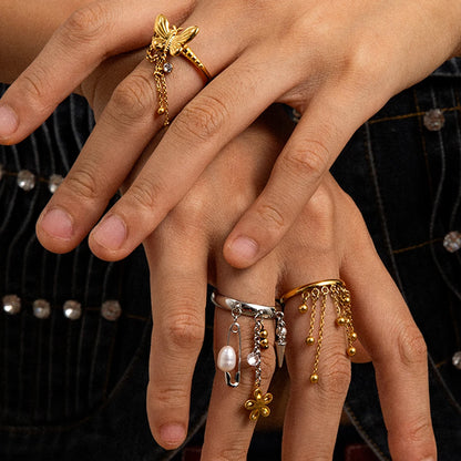 Chic & Trendy Dangle Charm Ring Set - Stackable Gold and Silver Stainless Steel