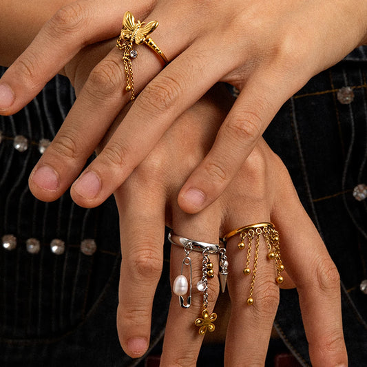 Chic & Trendy Dangle Charm Ring Set - Stackable Gold and Silver Stainless Steel