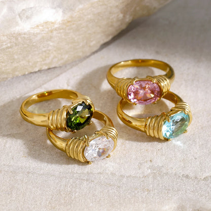 18K Gold Plated Oval Gemstone Ring – Waterproof, Tarnish-Free Statement Jewellery