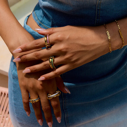 Luxe Meerlaagse Gouden Ring met Gekleurde Zirkoonstenen – Wit, Groen, Roze & Blauw | Verstelbare Stapelbare Modering
