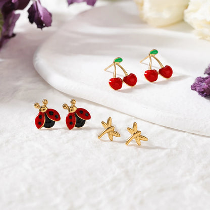18K Gold Plated Cute Stud Earrings Set for Women – Waterproof Tarnish Free Stainless Steel Insect & Fruit Jewellery (3 Pairs)