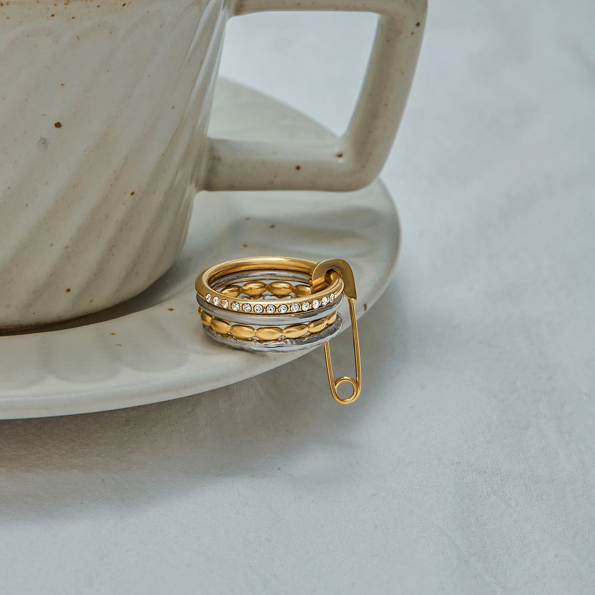 Edgy Safety Pin Stackable Ring Set | Mixed Metal Gold & Silver Tone Stainless Steel