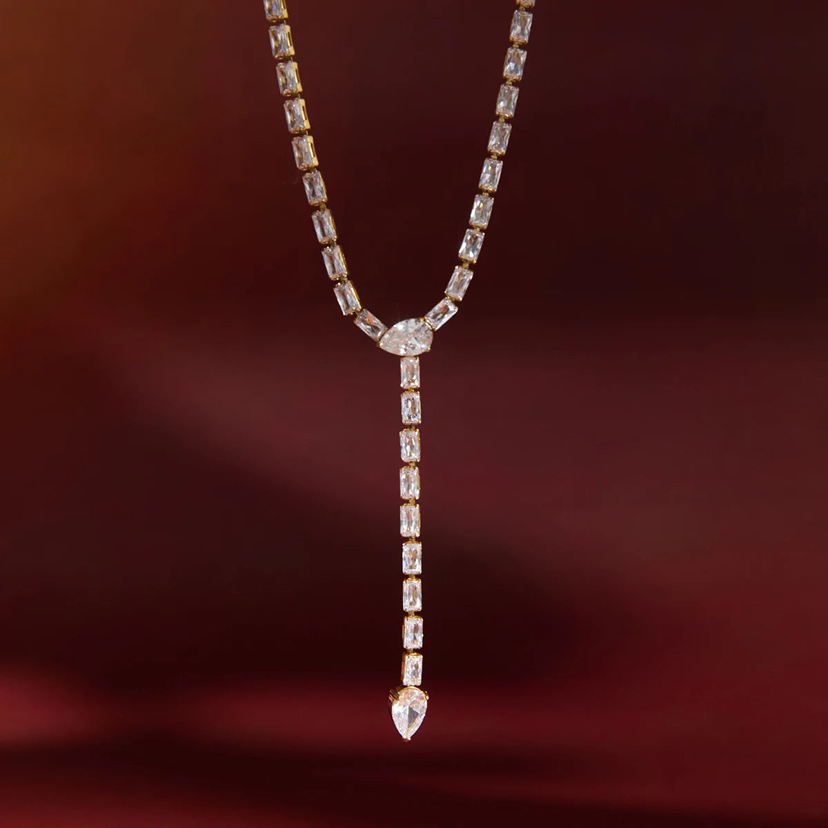 18K Vergulde Baguette Zirkonia Lariat Y-Ketting | Waterdichte Volledige Tennisketting Lariat Ketting | Diamanten Stijl Druppelketting