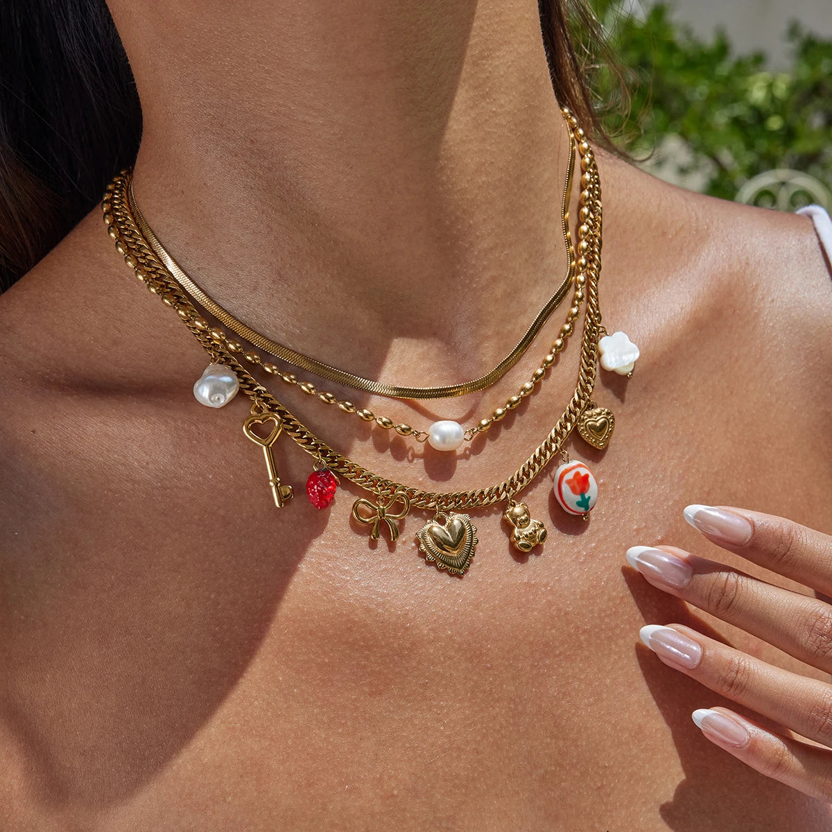 Goudkleurige Charmeketting voor Dames – Dikke Ketting met Hart-, Parel- & Teddybedel