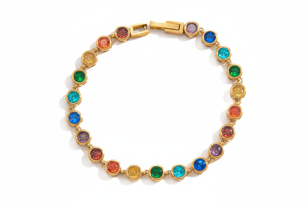18K Gold Plated Rainbow Multicolour Crystal Tennis Bracelet | Waterproof Bezel Set Colourful CZ Bracelet | Available in Round & Heart Cut Stones