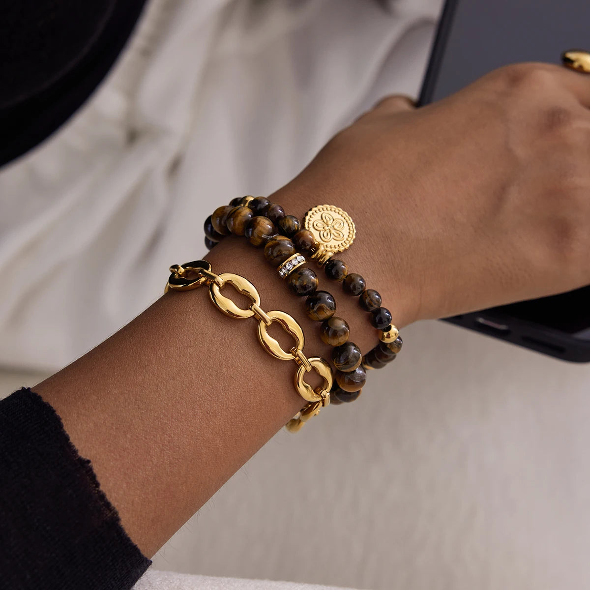 Gold Plated Tiger Eye Charm Bracelet for Women | Waterproof & Tarnish-Free Beaded Jewelry