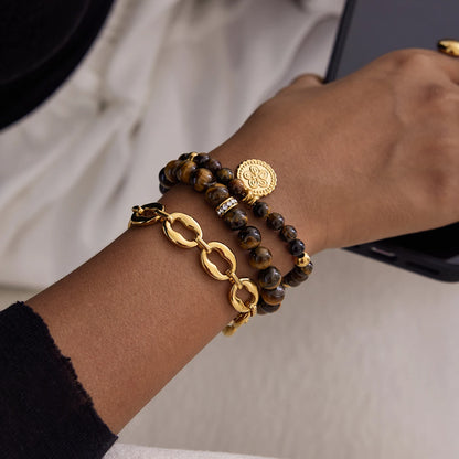 Gold Plated Tiger Eye Charm Bracelet for Women | Waterproof & Tarnish-Free Beaded Jewelry