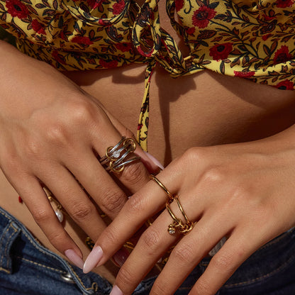 Multi-Band Dangle Charm Ring | Chunky Two-Tone or 18 K Gold Stackable Statement Ring | CZ Drop Waterproof Stainless Steel Jewelry