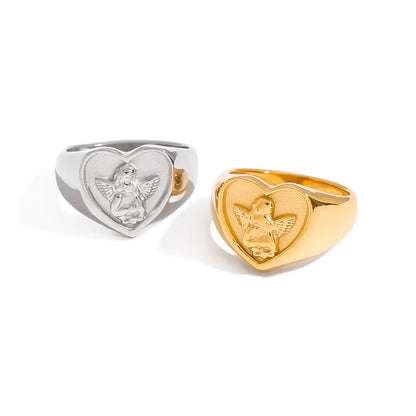 Vintage Cherub Hart Ring | Verguld & Verzilverd Engelen Ring | Waterdichte Chunky Esthetische Statement Sieraden