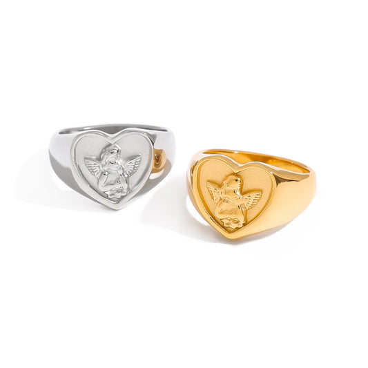 Vintage Cherub Heart Signet Ring | plated Gold & Silver Toned Angel Ring | Waterproof Chunky Aesthetic Statement Jewelry