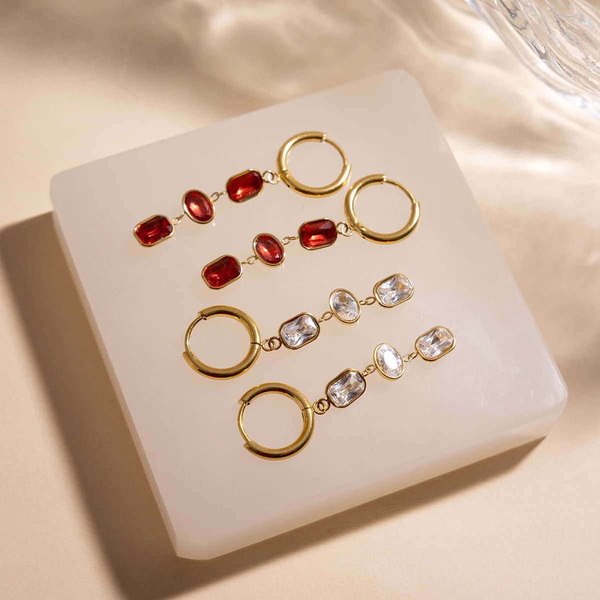 18K Gold Plated Triple White & Red Crystal Drop Earrings | Waterproof Bezel Set CZ Dangle Huggie Hoop Earrings | Diamond Style Drop Earrings