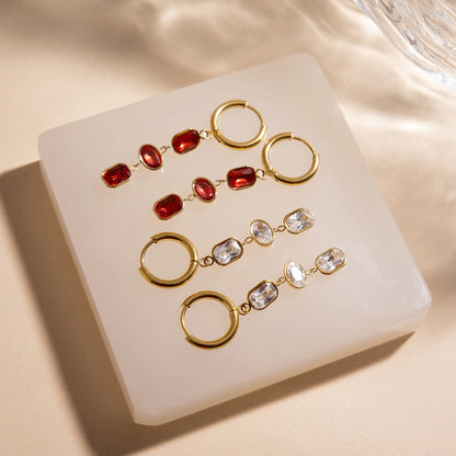 18K Gold Plated Triple White & Red Crystal Drop Earrings | Waterproof Bezel Set CZ Dangle Huggie Hoop Earrings | Diamond Style Drop Earrings