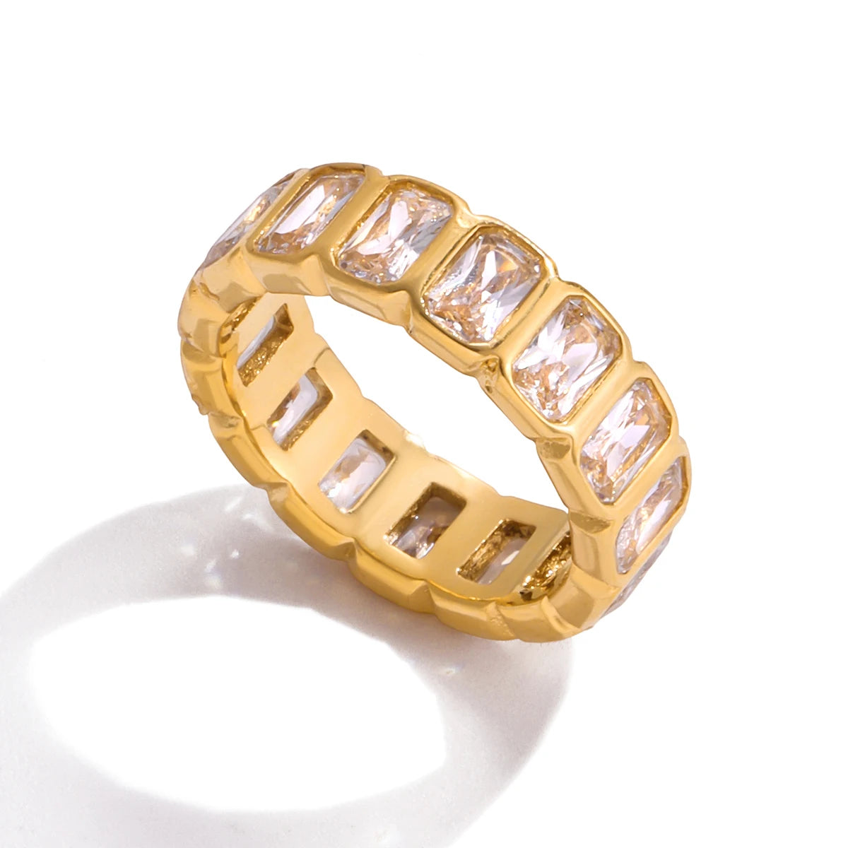 Luxury Gold Stacked Ring Set – Multi-Shape Crystal Bands (Heart, Round, Teardrop, Baguette)