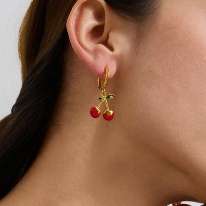 18K Gold Plated Cherry Hoop Earrings for Women – Waterproof Tarnish Free Stainless Steel Fruit Charm Jewellery
