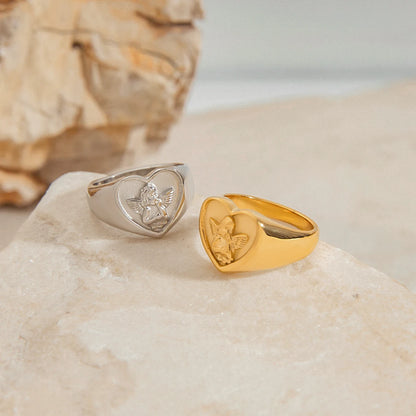 Vintage Cherub Hart Ring | Verguld & Verzilverd Engelen Ring | Waterdichte Chunky Esthetische Statement Sieraden