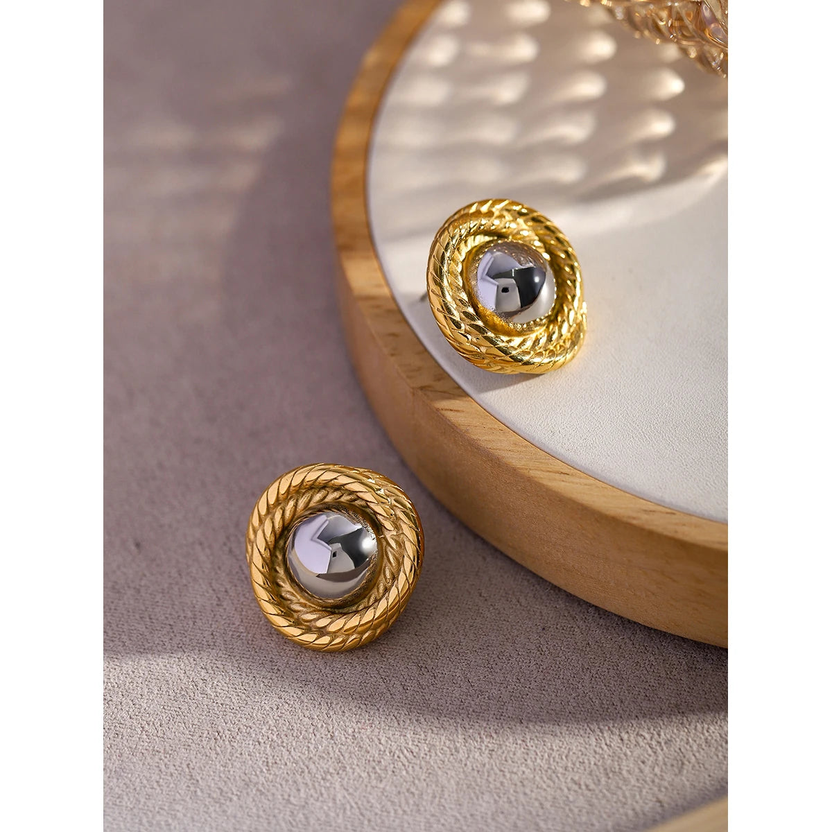 18K Gold Plated Textured Round Stud Earrings for Women – Waterproof Tarnish Free Stainless Steel Jewellery