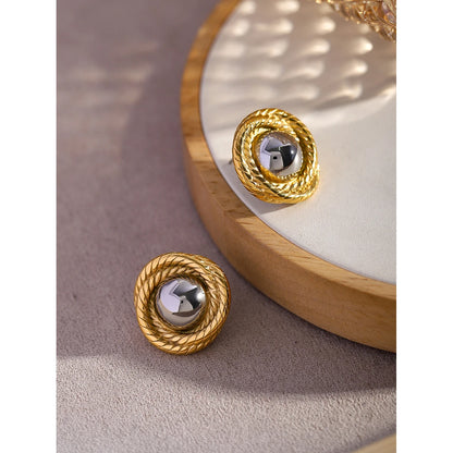 18K Gold Plated Textured Round Stud Earrings for Women – Waterproof Tarnish Free Stainless Steel Jewellery